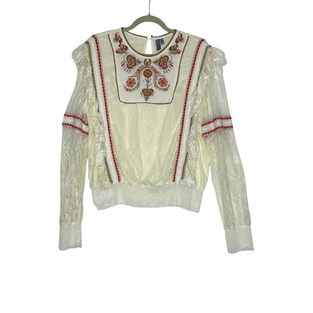Anthropologie Bl-nk London Cream Lace Embroidered Floral Long Sleeve Top| Size L